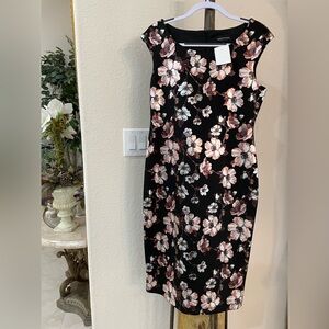 NEW Black silver pink Floral cap sleeve dress CONNECTED APPAREL Midi SZ 10 NWT